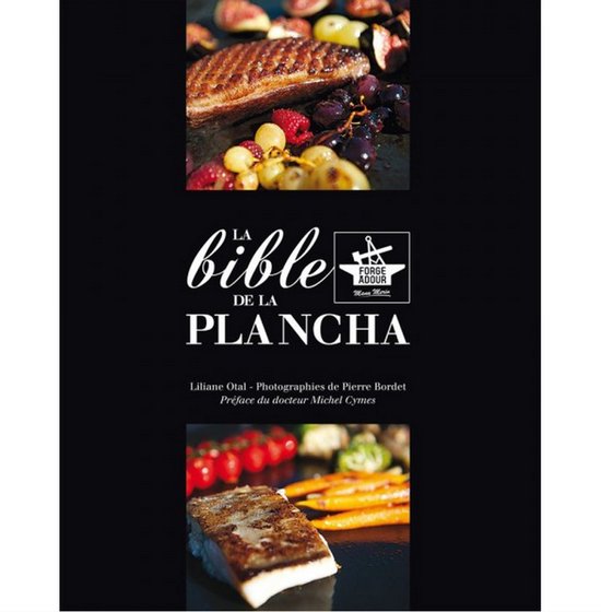 Livre de cuisine 'La Bible de la Plancha' avec des photos de viande et de poisson grillés.