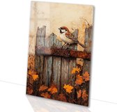 Mus op roestig hek in herfst - Vogel glazen schilderij - Wanddecoratie glas mus - Realistische kunst - Plexiglas schilderijen - Muurdecoratie kinderkamer - acrylglas 80x120 cm