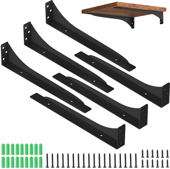 DBREAKS 4 stuks plankhouders, zwart, L-vormige plankhouder, wandhouder, heavy duty plankhouder, metaal, voor boekenplanken, kastplanken, badkamerplanken, bloemenplanken, 20,5 cm