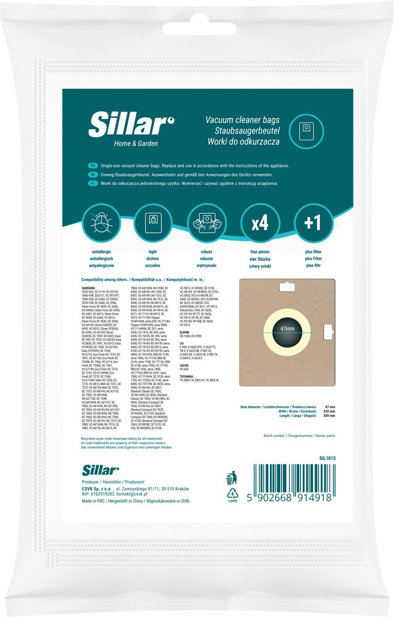 Sillar, stofzuigerzakken, synthetisch, microvezel, 3 filterlagen, anti-allergeen, vervangbaar, geschikt voor stofzuigers van Samsung serie VC, SC, LG, Eldom, 4 stuks + 1x filter voor stofzuiger, set