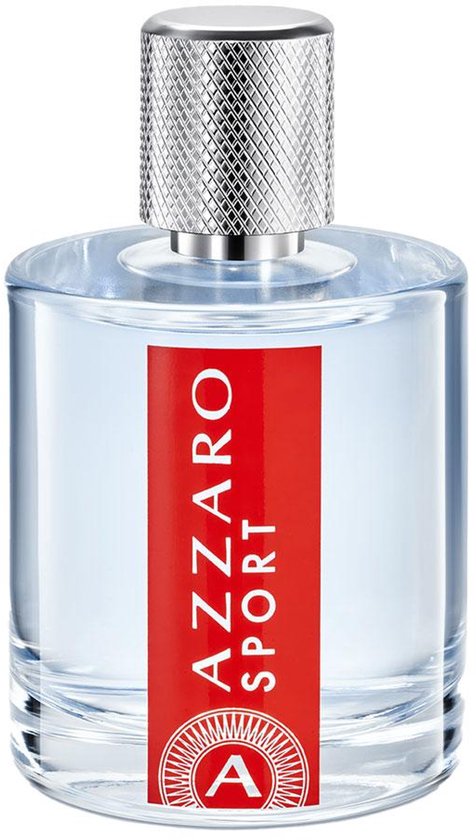 AZZARO SPORT Eau de Toilette in een doorzichtige fles met een rode band met witte letters.