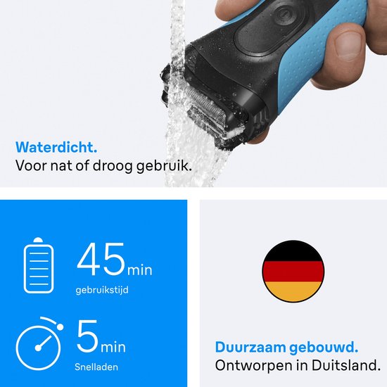 Braun scheerapparaat onder water. Batterij-indicatie: 45 min gebruikstijd, 5 min snelladen. Vlag van Duitsland.
