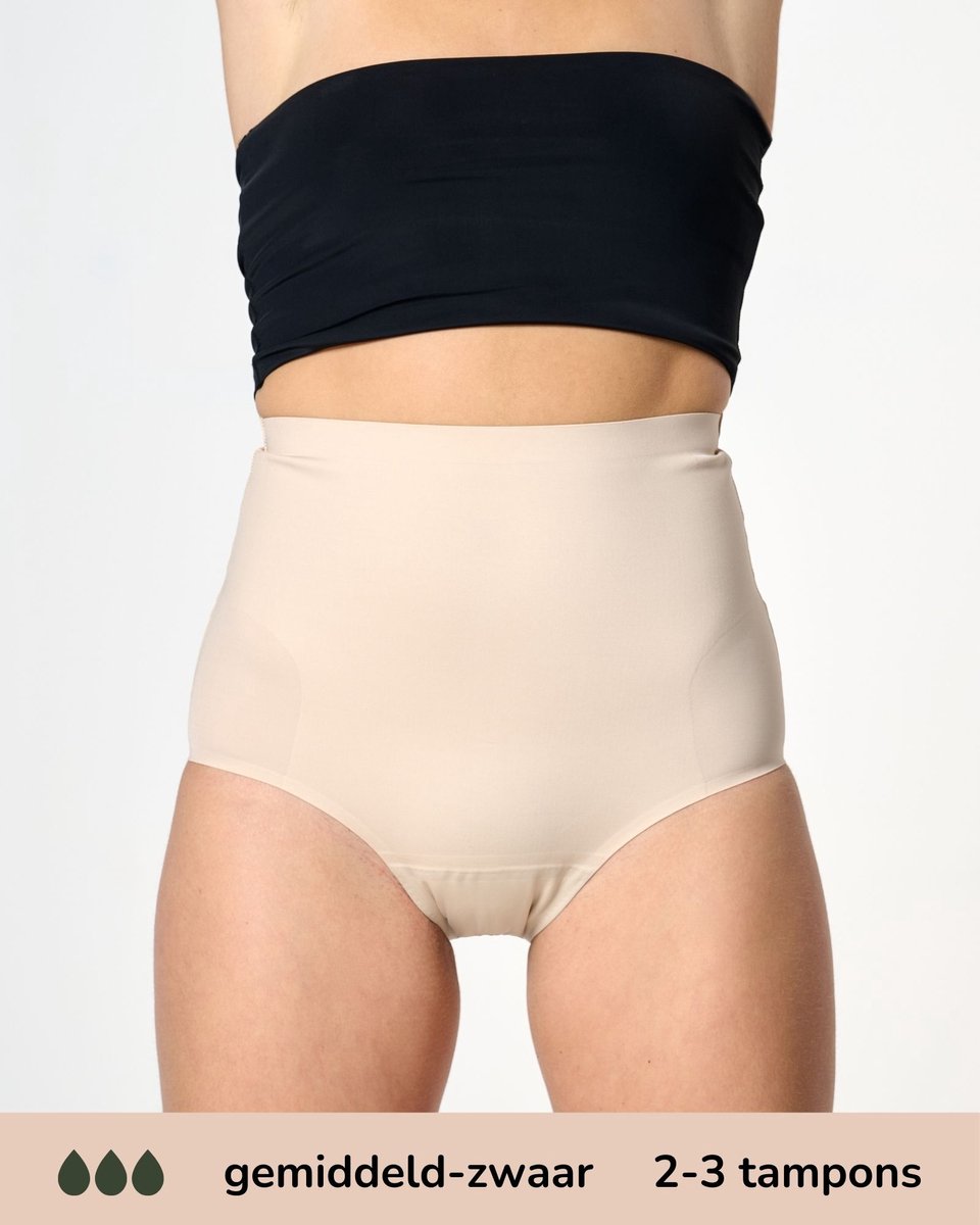 Moodies menstruatie ondergoed - Corrigerende High Waist Hiphugger - gemiddeld/zwaar kruisje - maat S - beige