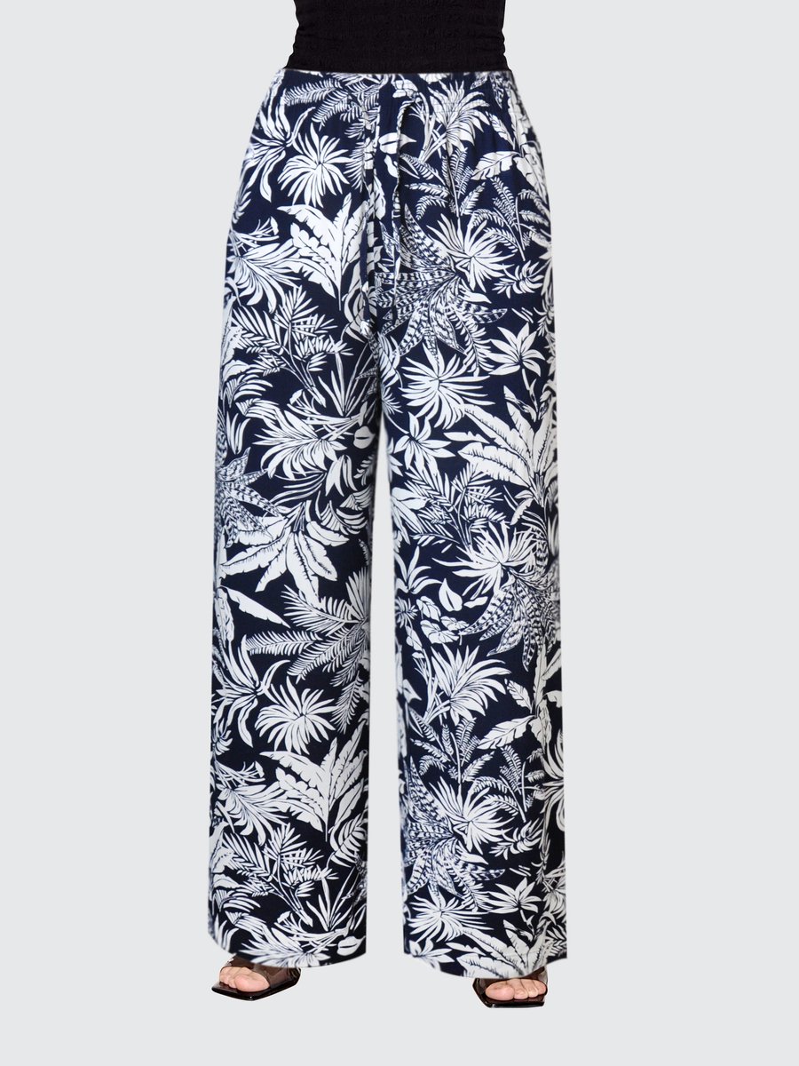 Starry Indigo - Dames Lange Culotte | Wijde Zomer Broeken | Wide-leg Trousers Palmblad | Blauw | Maat 36