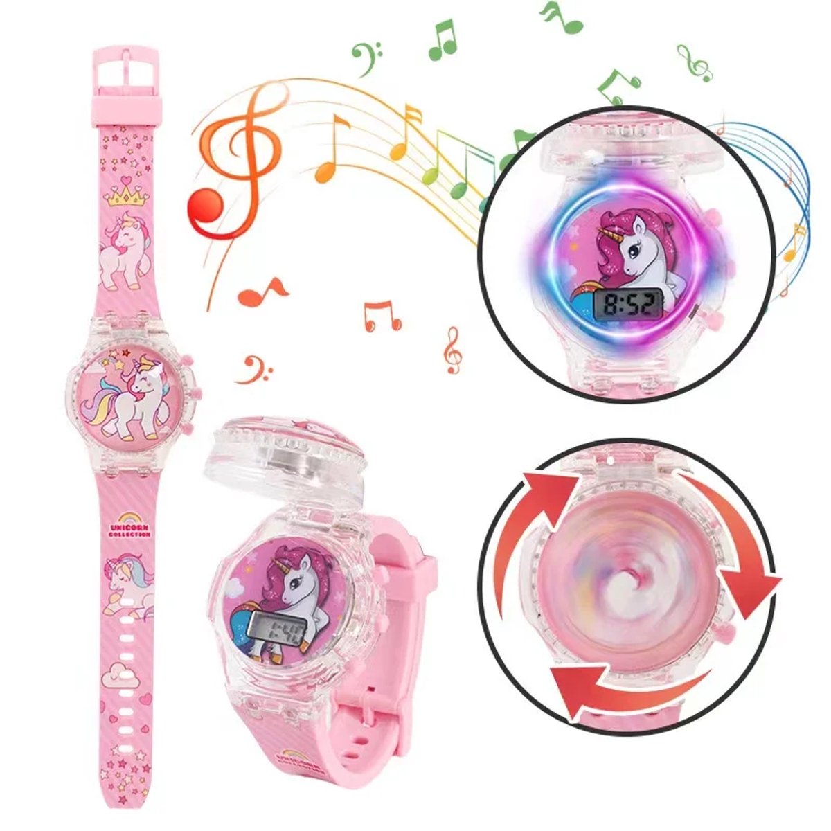 Digitale Unicorn Kinderhorloge - Verstelbare Digitale Horloge met Muziek, Feestlichtjes en Draaiende Klep - Perfecte cado voor Kids en Unicorn Fans - Horloge Kast: 3.5cm, Horloge Band: 22cm - Kleur: Roze