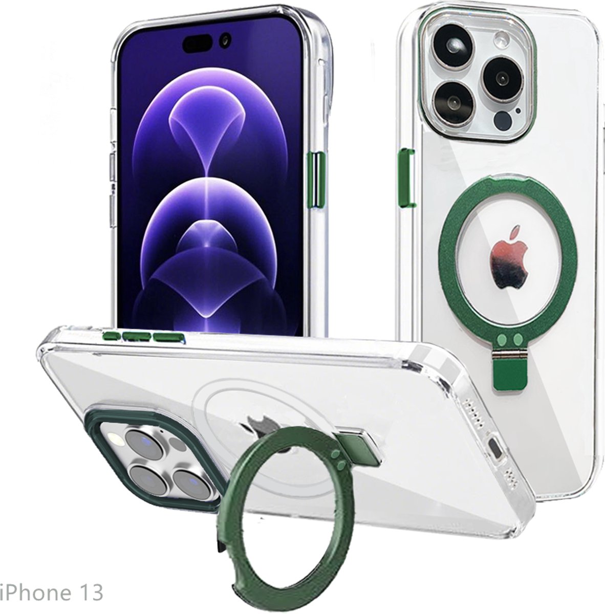 Hoesje voor iPhone 13, Compatibel met MagSafe, Magnetische Case met 360° Draaibare Standaard, Anti-Verkleuring Hoes, PC Lichtgewicht-Groen