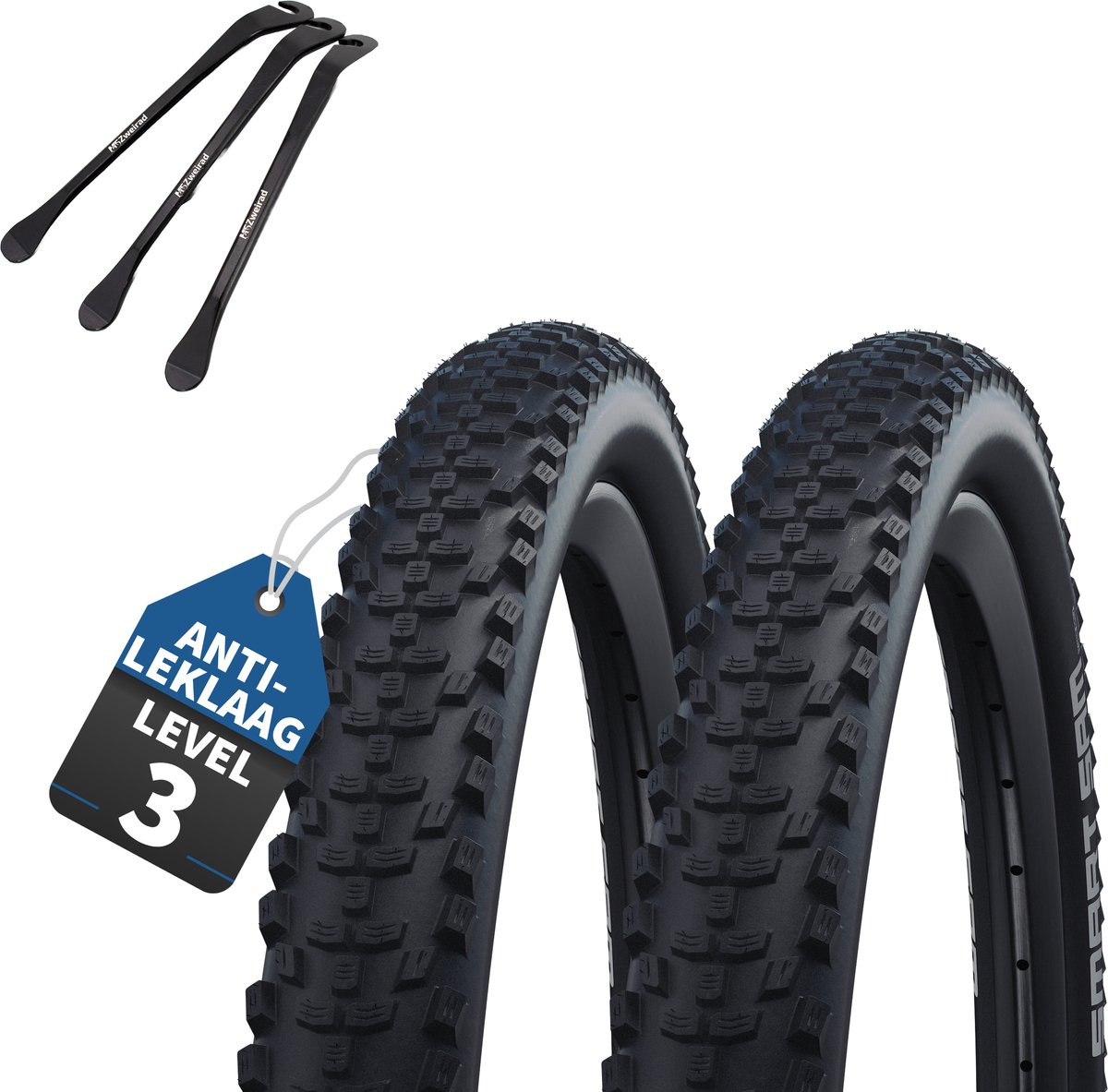 2x Schwalbe fietsbanden Smart Sam K-Guard 26x2.10 inch buitenband (54-559) + 3 MSZweirad bandenlichters