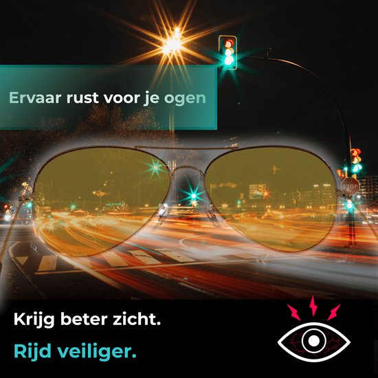 Aviator zonnebril met gele glazen en achtergrond van verkeerslichten en verkeerslichten bij nacht.