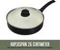 Zwarte hapjespan van 26 cm met witte keramische binnenkant en glazen deksel met stoomgaatje.