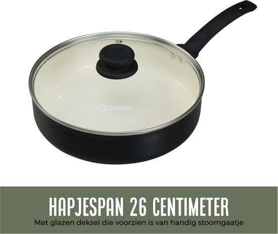 Zwarte hapjespan van 26 cm met witte keramische binnenkant en glazen deksel met stoomgaatje.
