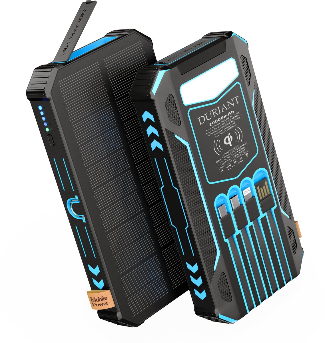 Duriant® Solar Powerbank 20.000 mAh Blauw met Draadloos