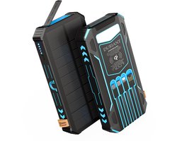 Duriant® - Solar Powerbank 20.000 mAh - 4 ingebouwde kabels-Geschikt iOS/Android- Powerbank Zonneenergie -Gratis Karabijnhaak inbegrepen-Draadloos opladen -Magsafe- Powerbank Iphone- Snel Laden - Blauw - Noodpakket - Zaklamp