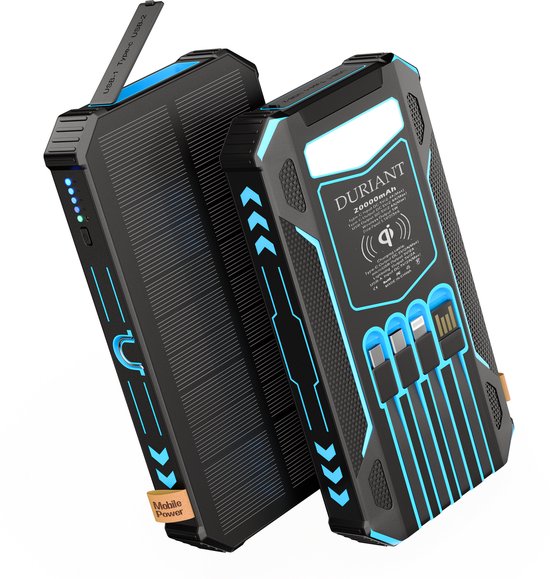 Duriant® Solar Powerbank 20.000 mAh Blauw met Draadloos - Duriant® - €29,95