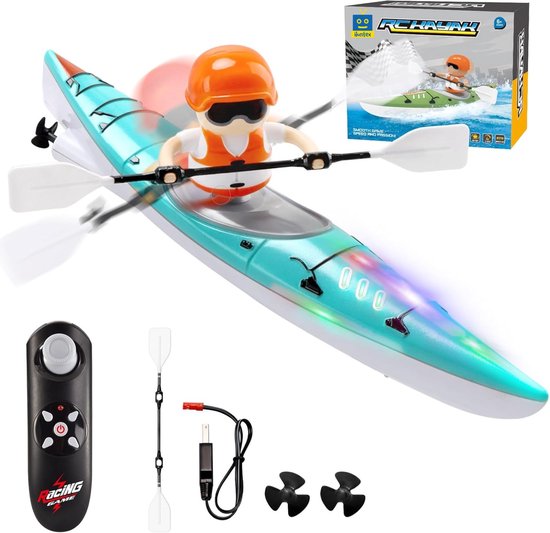 Huntex RC Kajak Boot – Op Afstand Bestuurbaar Water Speelgoed – Blauw - LED Verlichting – Inclusief Batterijen & Extra Propellers – Kinderboot 6-12 Jaar Cadeau