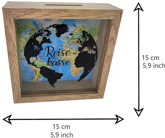 Wooden World – Spaarpot van hout. Bank met houten frame en glas, ideaal voor decoupage en brandschilderen