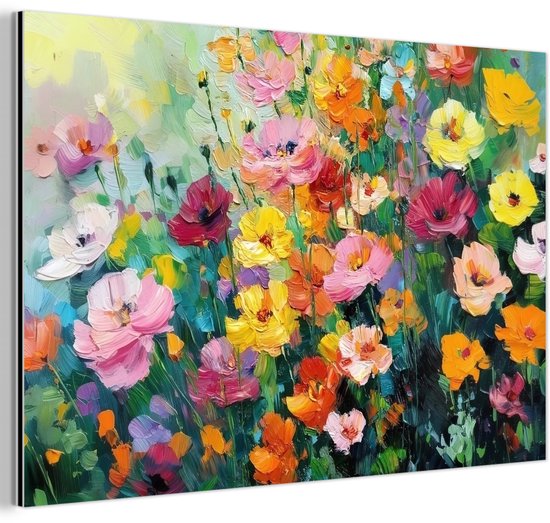 Aluminium schilderij 60x40 cm - Wanddecoratie metaal - Bloemen explosie - Heldere kleuren - Vrolijk - Metalen muurdecoratie woonkamer - Decoratie industrieel - Foto op dibond - Industriële accessoires slaapkamer
