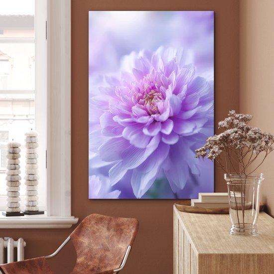 Aluminium schilderij 80x120 cm - Wanddecoratie metaal - Paars - Dahlia - Dromerig - Metalen muurdecoratie woonkamer - Decoratie industrieel - Foto op dibond - Industriële accessoires slaapkamer