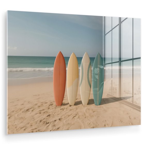 MuchoWow® Glasschilderij 40x30 cm - Schilderij acrylglas - Strand - Surfbord - Pastel - Foto op glas - Muurdecoratie woonkamer - Wanddecoratie slaapkamer - Schilderijen