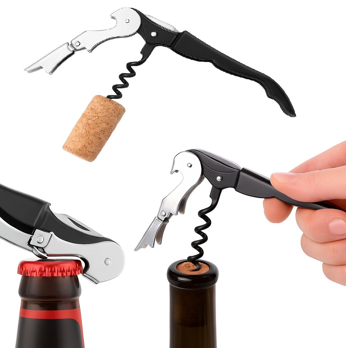 Kurkentrekker / Kelnersmes van RVS en Kunststof – Dé alles-in-één opener voor wijn én bier!