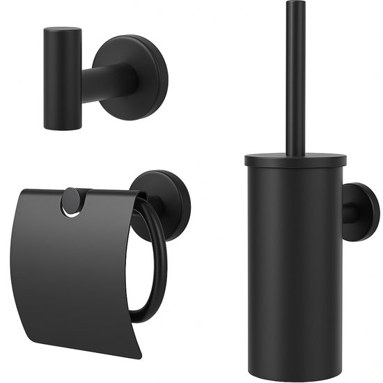 Nifkos Toiletaccessoireset Zwart 3-delig - Luxe Toilet Set - Toiletborstel met Houder - Toiletrolhouder met klep - Reserverolhouder - Handdoekhaak