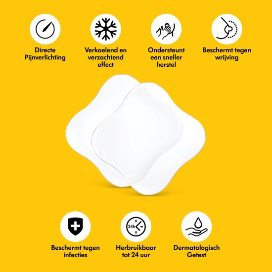 Deux coussinets blancs et doux en hydrogel sur fond jaune. Icônes avec texte : Soulagement immédiat de la douleur, Effet rafraîchissant, Favorise une guérison plus rapide, Protège contre les frottements, Protège contre les infections, Réutilisable jusqu'à 24 heures, Testé dermatologiquement.