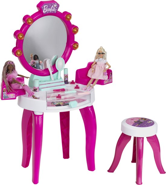 Roze Barbie kaptafel met spiegel, stoel, twee Barbies en accessoires.