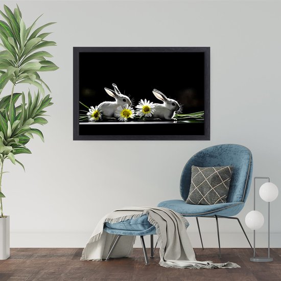 Schattige konijnen en bloemen - Konijnen schilderij op canvas - Kunstwerk bloemen - Hyperrealisme - Luxe canvas met baklijst - Muurdecoratie slaapkamer - canvas met baklijst 60x40 cm