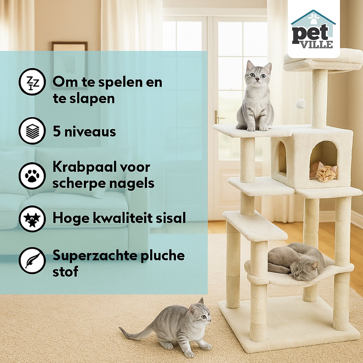 Krabpaal voor Katten met Kattenmand & Kattenspeelgoed XXL - 5 Niveaus - Hangmat - Sisal Touw - 55 x 45 x 143 cm - Incl Muurbevestiging - Krabmat - Kattenhuis - Kattenbed - Kattenpaal - Kattentoren - Kattenspeeltjes - Kattenboom - Beige - PetVille – foto 2