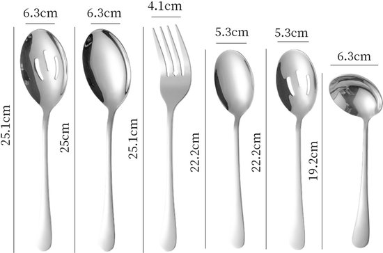 Afmetingen van 6 zilverkleurige keukengereedschappen: lepel met gleuven, lepel, vork, lepel, lepel met gleuven, soeplepel.