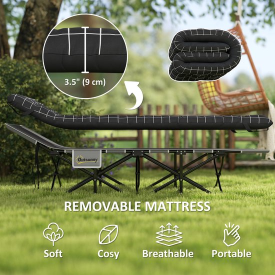 Outsunny-Campingbett-Metall, Oxfordstoff-190L x 67B x 37H cm-Schwarz van Merkloos — afbeelding 3