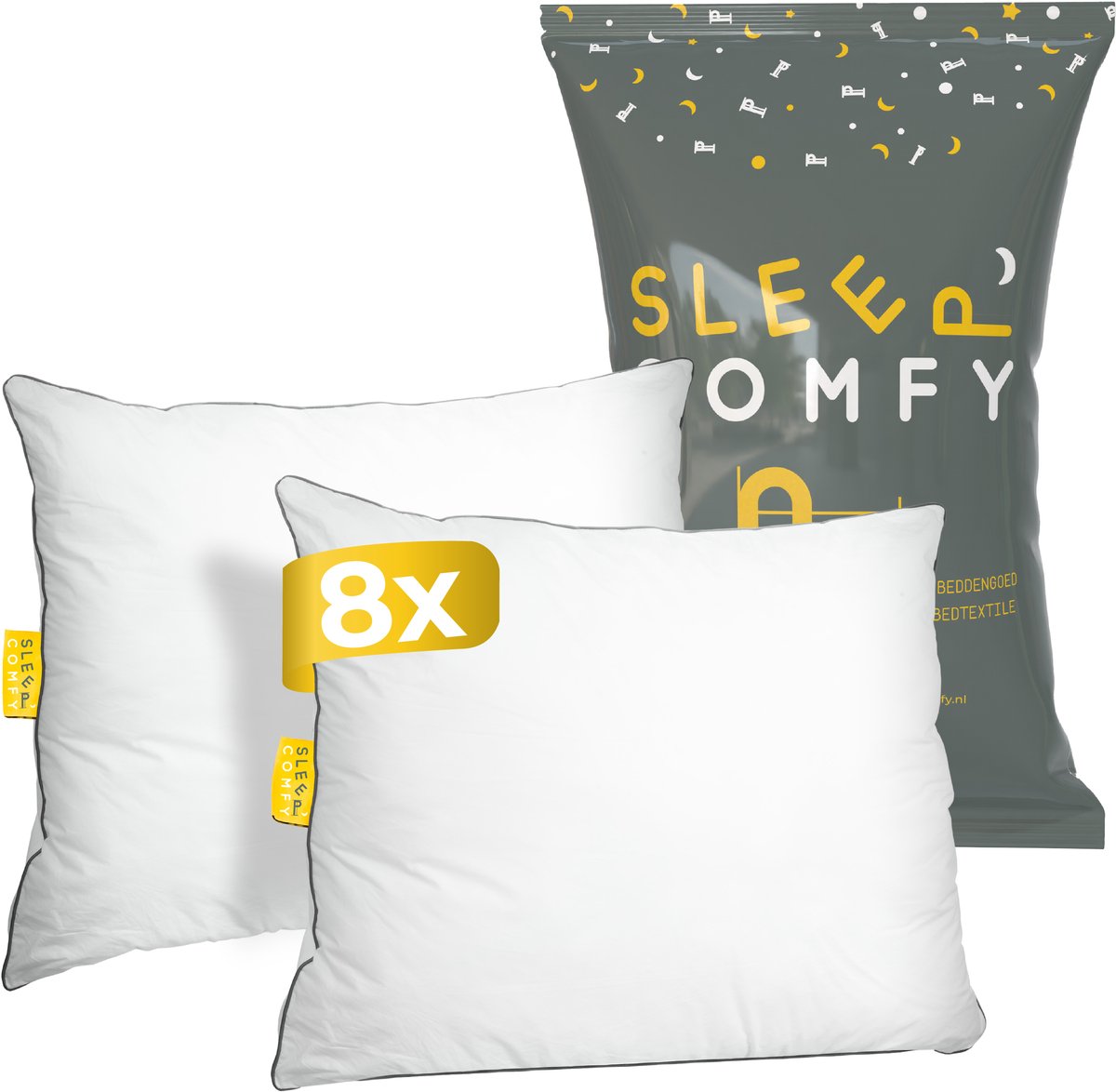 Sleep Comfy Bundle Series - Set van 8 Katoen Hoofdkussen - Hotelkwaliteit - Ultiem Comfort - Verlicht Nek- en Rugklachten - Orthopedisch & Ergonomisch - Katoen Tijk - Geschikt voor Alle Slaaphoudingen - 60x70 cm