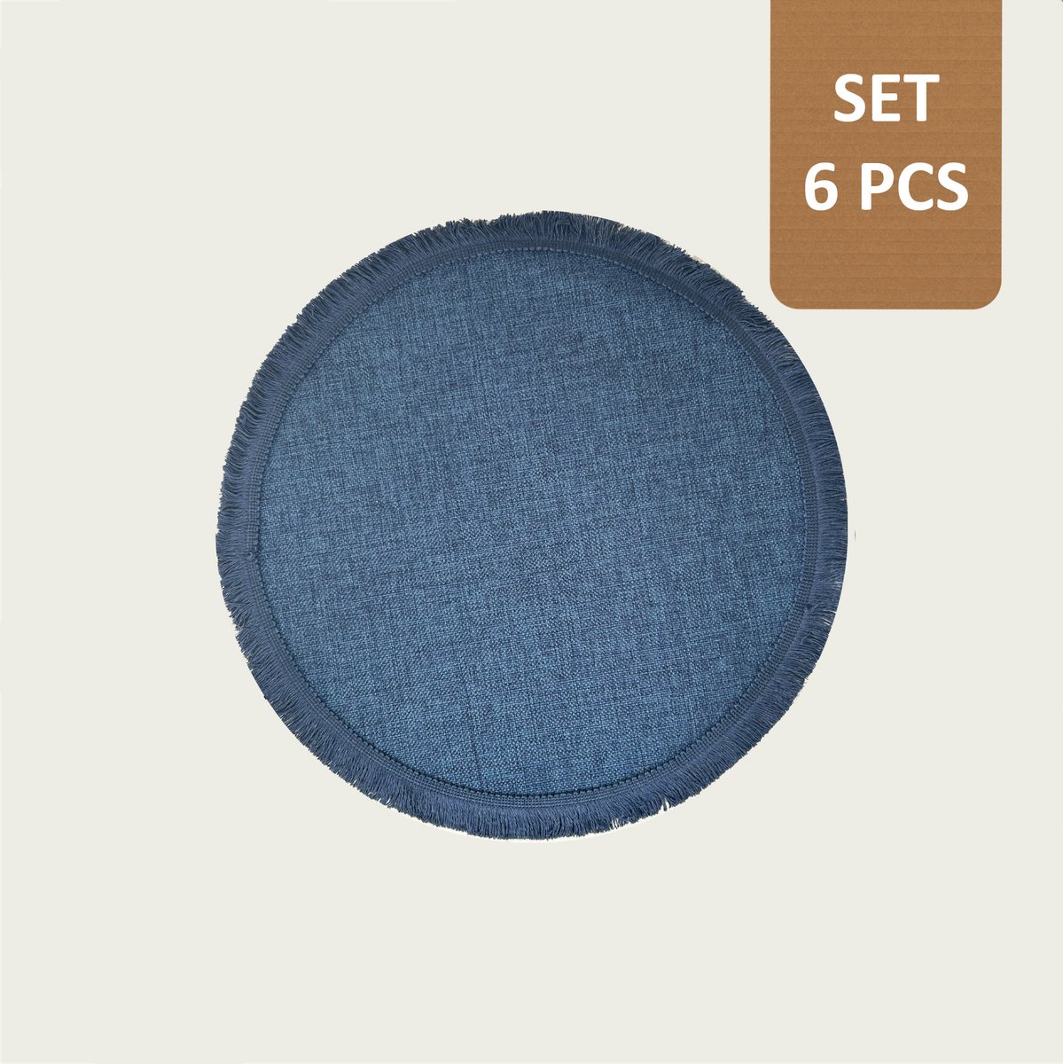 Arca TONDA - Placemats - Rond 39cm - Set van 6 - blauw - met franjes aan de boord in dezelfde kleur - polyester - makkelijk in onderhoud