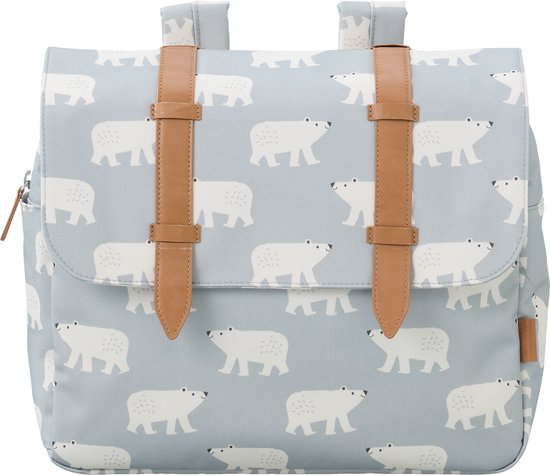 Grijze kinderrugzak met all-over print van witte ijsberen, met bruine leren bandjes en een kliksluiting.