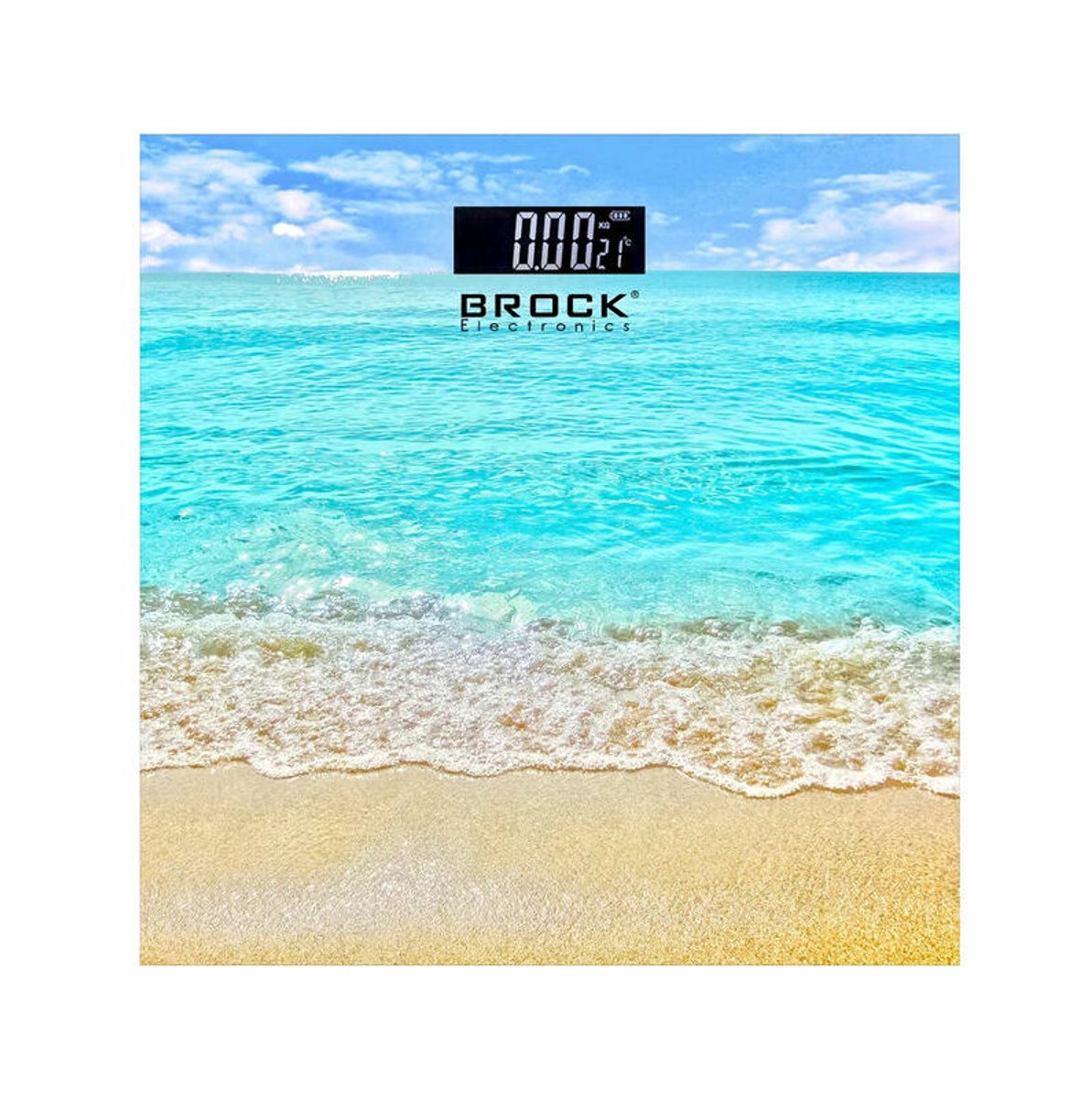 Brock Digitale Personenweegschaal Strand Zee Print – 30×30 cm – Max. 180 kg – LCD Display – Automatische Inschakeling – Inclusief Batterijen