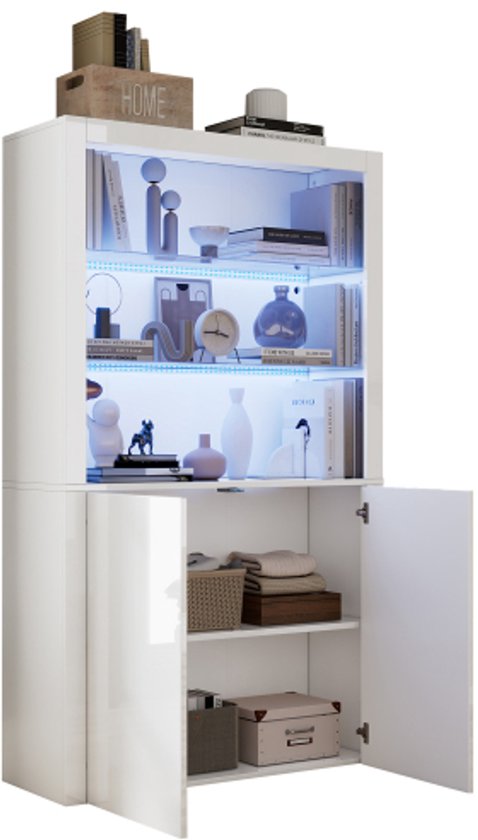 KOMHTOM Hoogglans witte vitrinekast dressoir met LED, smalle kast hoekkast met drie glazen wanden, multifunctionele kast voor woonkamer slaapkamer hal eetkamer