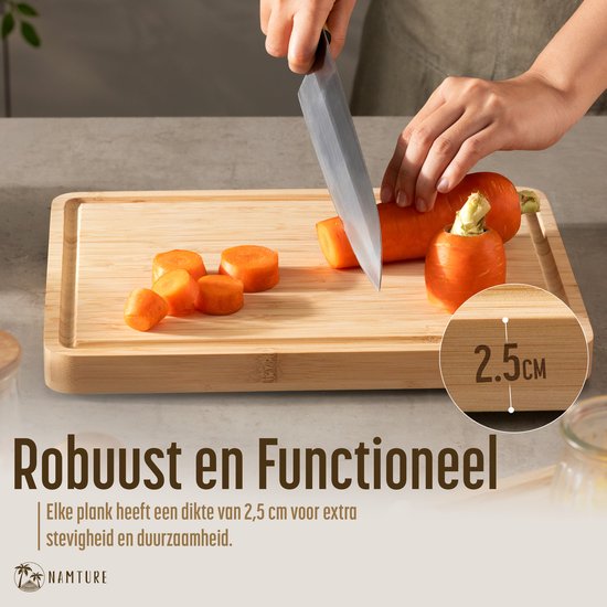 Namture Ensemble de planches à découper avec support – 3 Planches à découper – Design Uniek et Extra épais – Planche à découper en Bamboe de Premium – Antidérapante – Planche à boissons – Planche à tapas – Planche de service – Planche à fromage