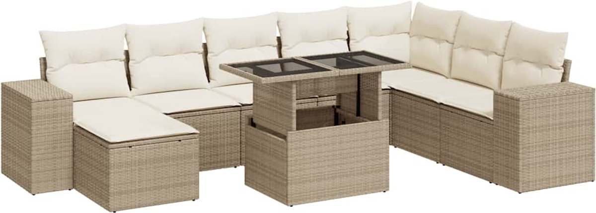 vidaXL 9-delige - Loungeset - met - kussens - poly - rattan - beige