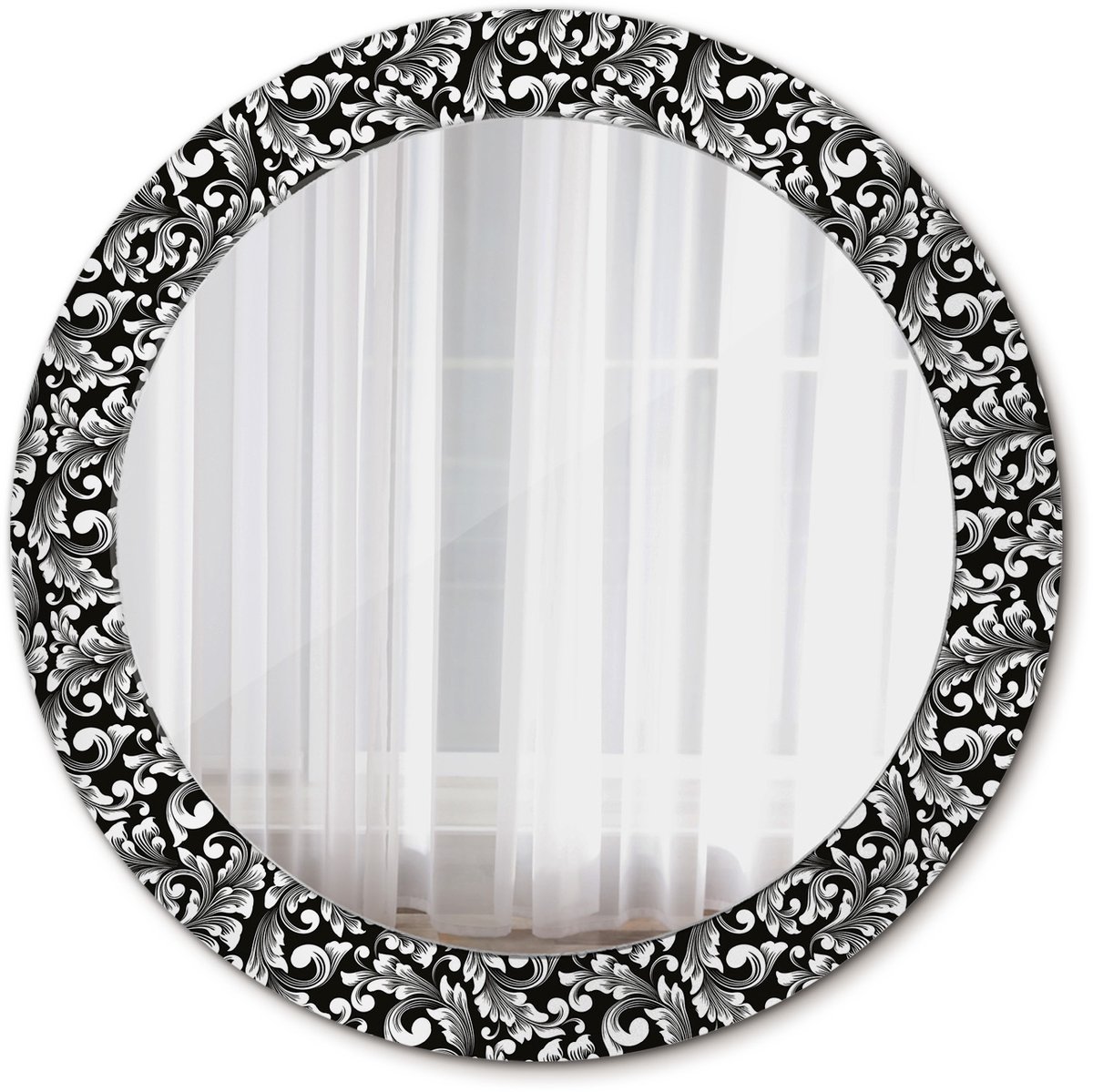 Tulup Spiegel - Ronde vorm Spiegel - op gehard Glas - Ornament - Diameter: 70 cm - Decoratieve spiegel met patroon - Spiegel voor elke ruimte - Zwart-Witte - Met spiegelprint - Moderne Spiegel - Wandmontage