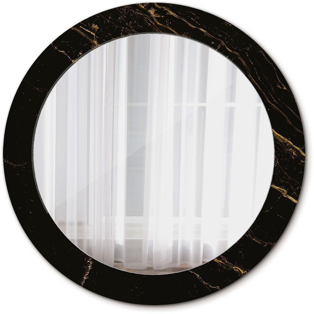 Tulup Spiegel - Spiegel op gehard Glas - Ronde Spiegel - Zwart marmerlook - Diameter: 70 cm - Stijlvolle spiegel met grafisch motief - Slaapkamerspiegel - Badkamerspiegel - Make-upruimte - Kaptafel - Zwarte - Luxe Spiegel - Ophangsysteem