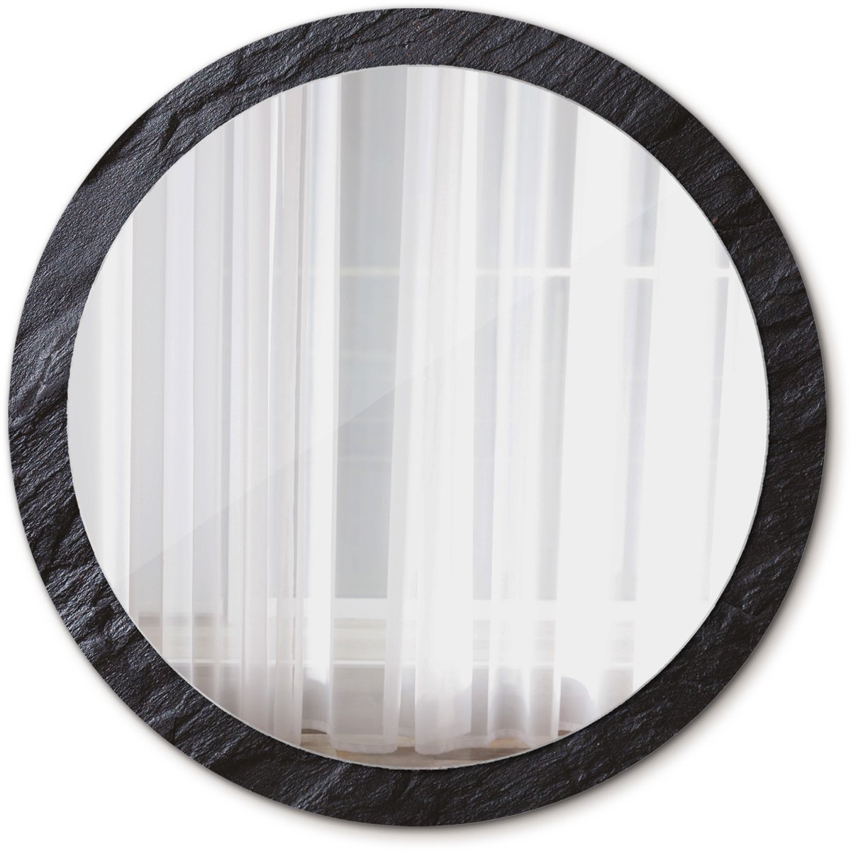 Tulup Spiegel - Ronde Spiegel - Spiegel op gehard Glas - Zwarte steen - Diameter: 100 cm - Stijlvolle spiegel met grafisch motief - Met spiegelprint - Zwarte - Inloopkastspiegel – Badkamerspiegel - Toiletspiegel - Make-up Spiegel - Montageset