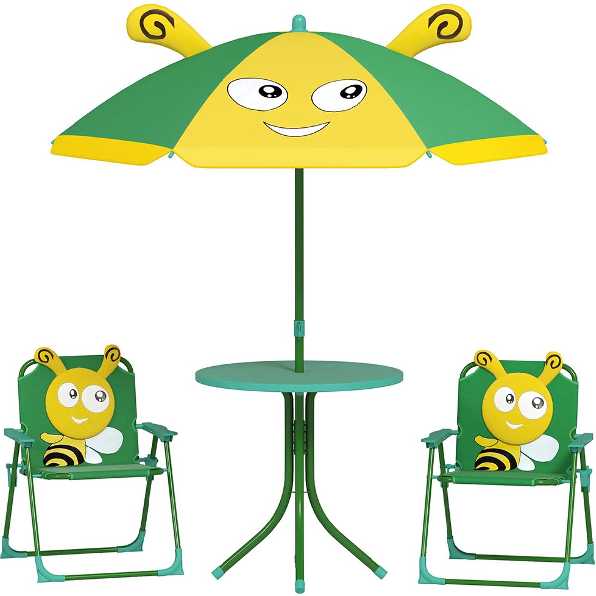 Sweiko Kinderzitjeset - Tuintafel + 2 klapstoelen - Met parasol - Groen + Geel