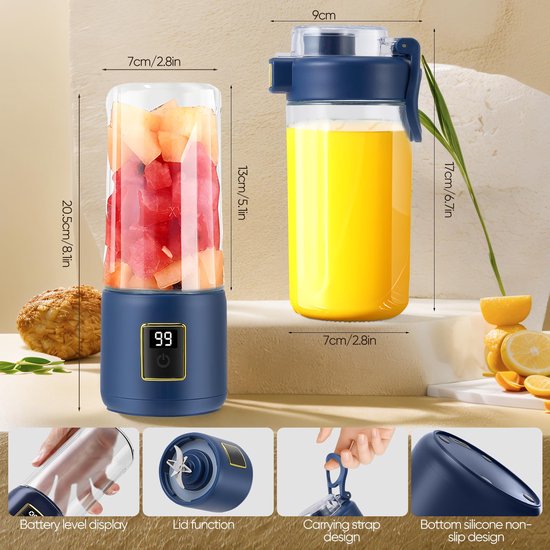 Draagbare Blender - Blender - Mini Blender - 12 Mesjes - Portable - Blender to go - Mini Juicer - Smoothie Maker -Perfect voor Smoothies, Sappen en Babyvoeding - Donkerblauw van Merkloos — afbeelding 2