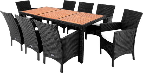 Casaria Tuinset - Polyrattan 9 delig Acaciahout Kussens - Zwart