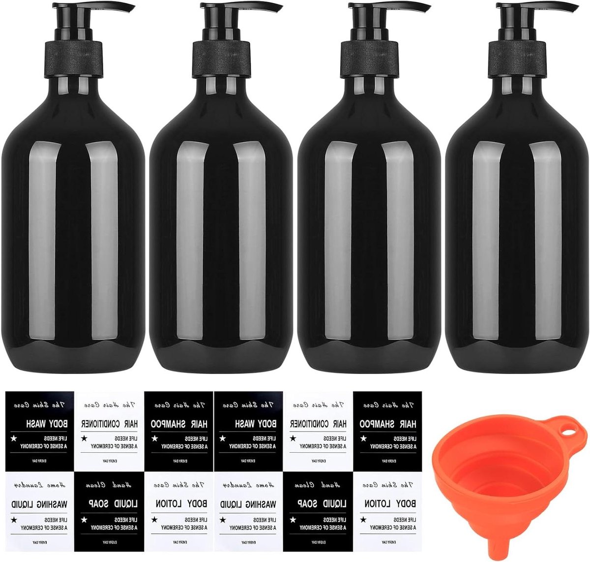 JGS Premium - Set van 4 Lege Plastic Flessen met Pompje - 500 ml - Vloeistof Dispenser - Bodylotion Shampoo - Zeepflesjes voor Douchegel - Trechter - Etiketten