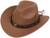 Western Cowboyhoed - Klassieke ketting - Gebogen jazz hoed - Beige vilt hoed - Vilthoed met brede rand - Unisex - Cowboyhoed - Perfect voor cosplayfeesten, westernthemafeesten - Bruin