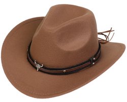 Top 10 Klassiek & Jazz 2026: Western Cowboyhoed - Klassieke ketting - Gebogen jazz hoed - Beige vilt hoed - Vilthoed met brede rand - Unisex - Cowboyhoed - Perfect voor cosplayfeesten, westernthemafeesten - Bruin