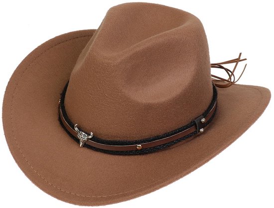 Chapeau de cowboy Western - Chaîne classique - Chapeau de jazz incurvé - Chapeau en feutre beige - Chapeau en feutre à larges bords - Unisexe - Chapeau de cowboy - Perfect pour les soirées cosplay et les soirées à thème western - Marron