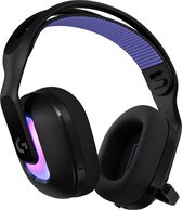 Zwarte Logitech G gaming headset met een paarse band en blauwe en paarse RGB-verlichting.