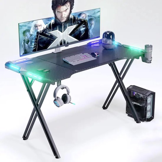 Gamer Bureau Zwart 140x60 cm met Kophouder en Headset Haak - Stevig X-Frame — afbeelding 3