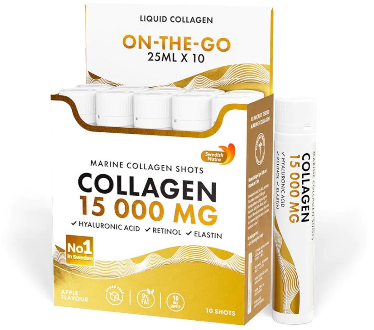 Premium Vloeibaar Marine Collagen 15 000 mg Shots- Hooggedoseerd-Type 1 &3 -Met Hyaluronzuur, Retinol, MSM, Elastine -Voor Huid, Haar, Nagels & Gewrichten -Suikervrij –Verzacht acne en ontstekingen-Bevordert gezond energieniveau- 10 Shots à 25 ml
